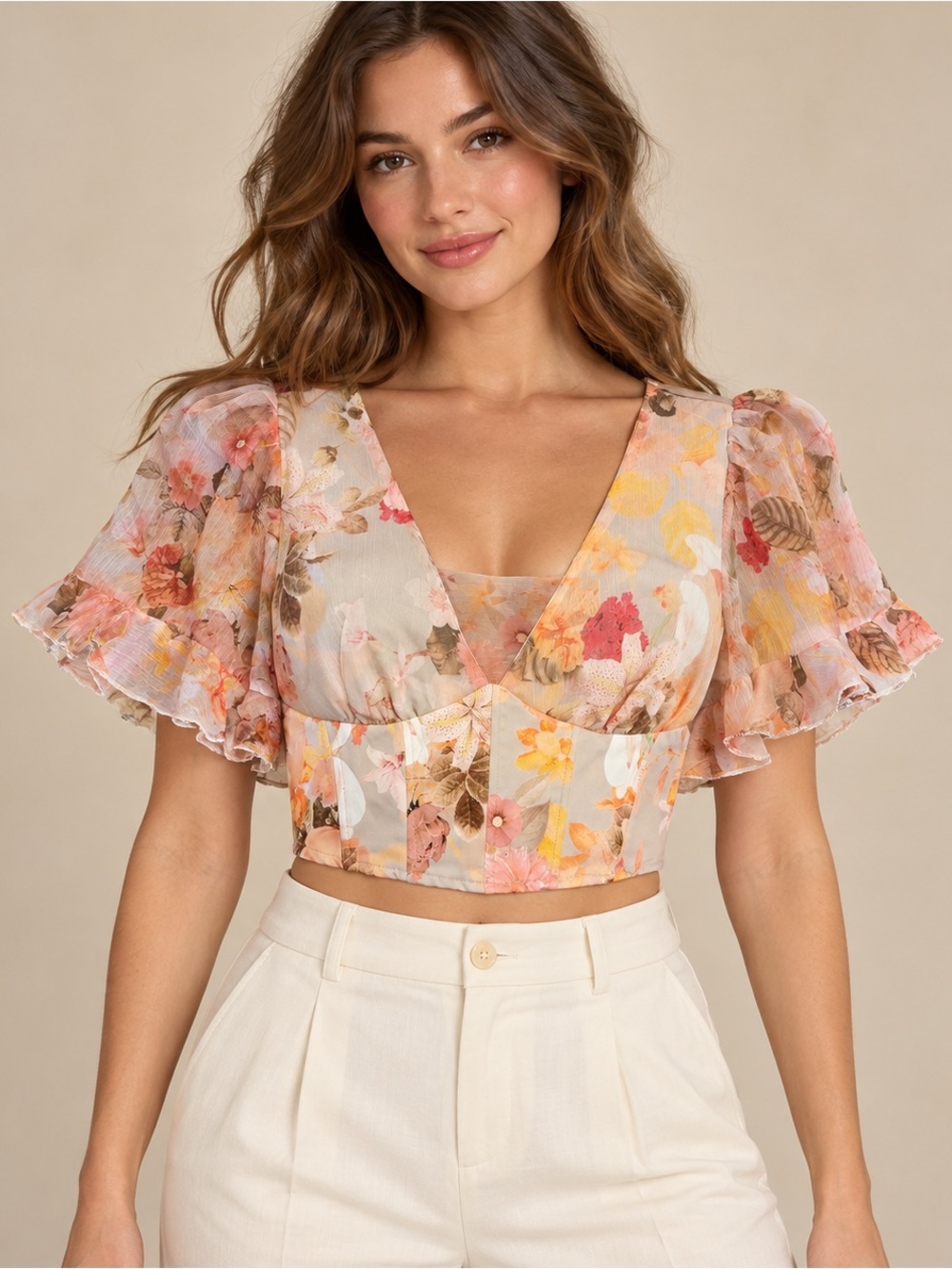 a.peach Floral Corset Style Crop Top Sheer Puff Sleeves Large